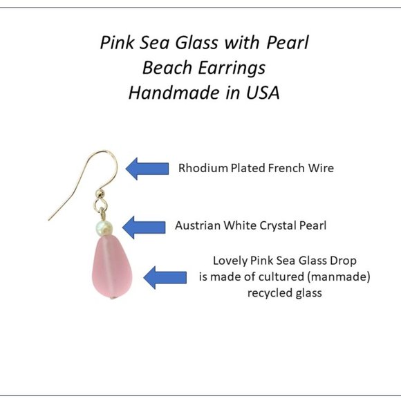 Sea Glass Earrings Pink Dangle with Pearls Women Girls Beach Jewelry Gift - Picture 2 of 7